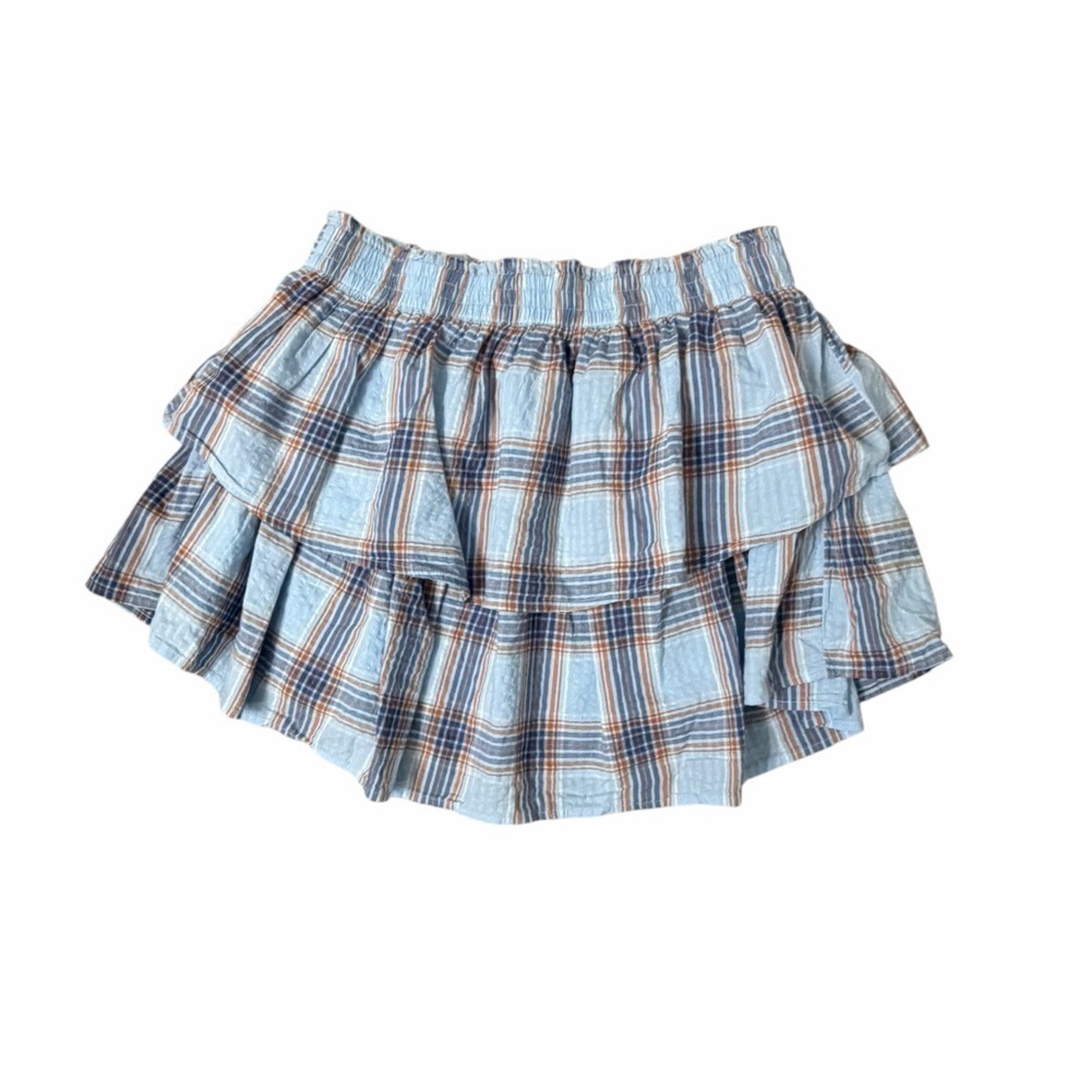 Aerie Light Blue Plaid Ruffle Mini Skirt